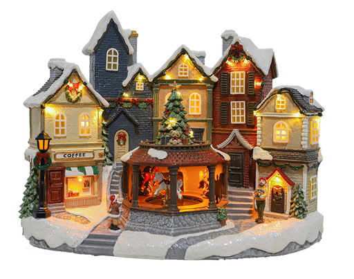 Animated Christmas village carousel – illuminated front view