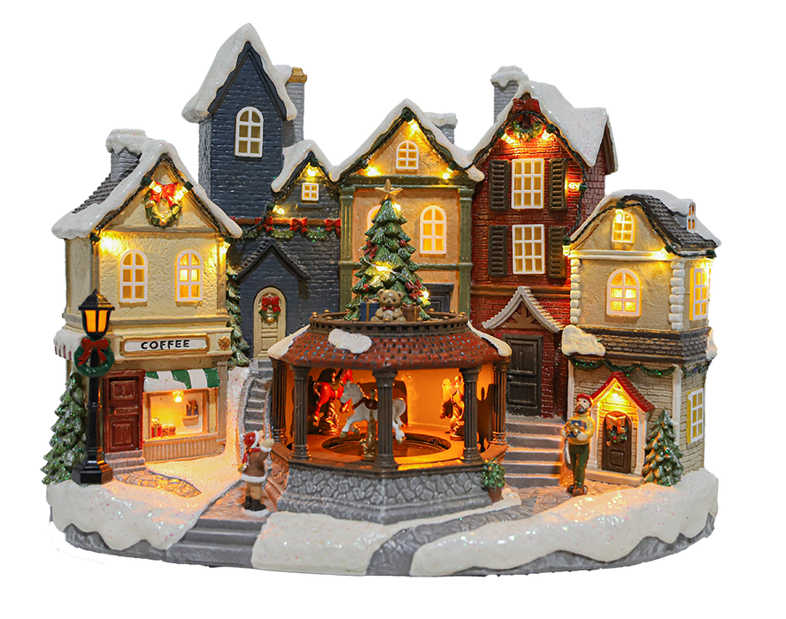 Animated Christmas village carousel – illuminated front view