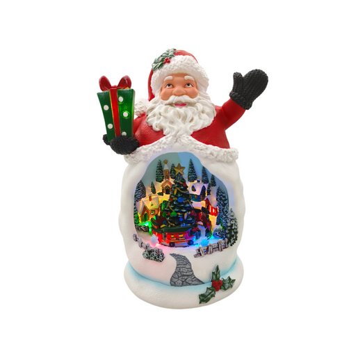 Animated Santa with rotating Christmas village – illuminated front view