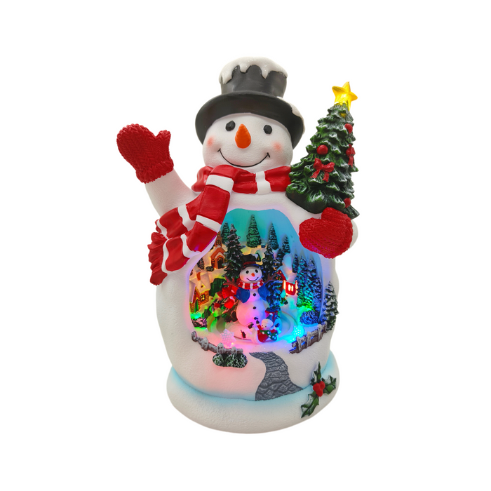 Animated snowman with rotating Christmas village – illuminated front view