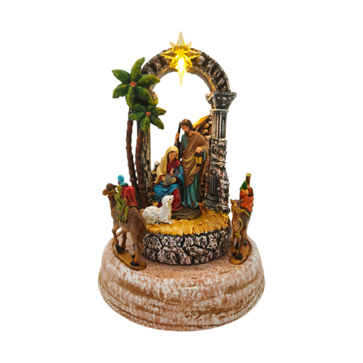Animated angel with nativity scene – illuminated front view