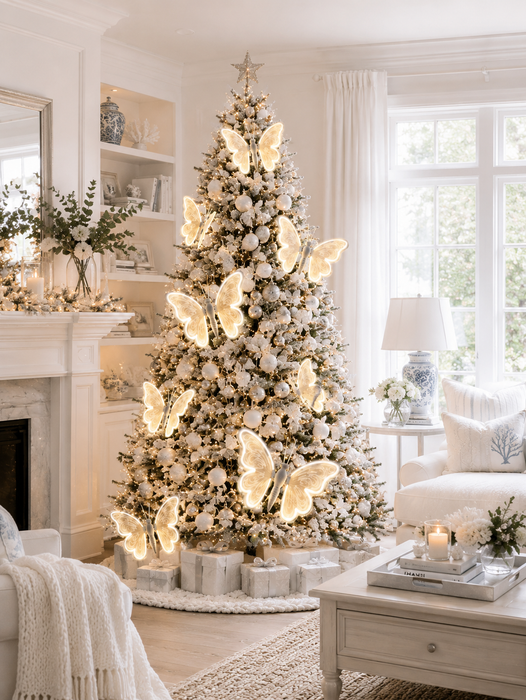 70cm fluttering butterfly lights on a white Christmas tree – lifestyle view