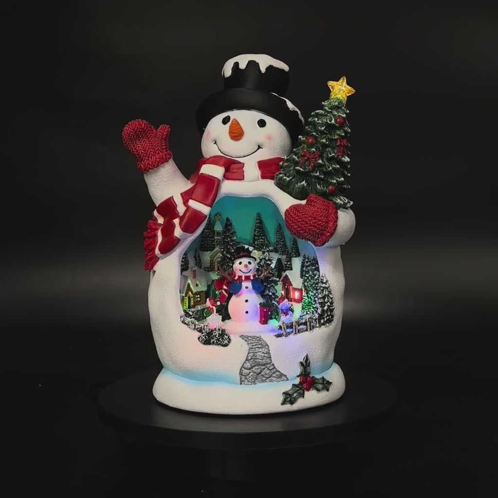 Animated snowman with rotating Christmas train in motion
