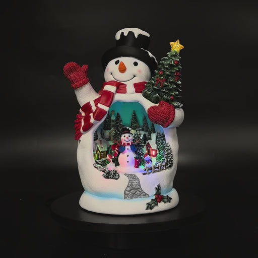 Animated snowman with rotating Christmas train in motion