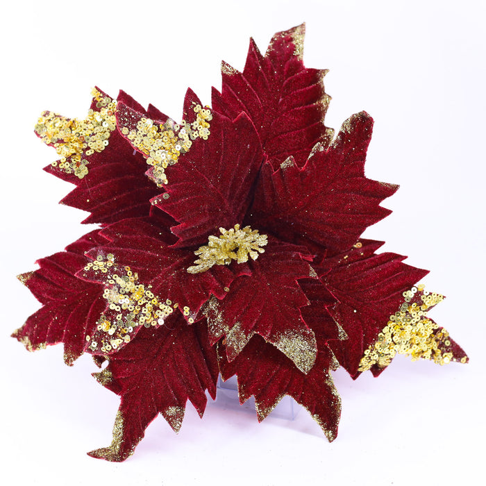 2pcs Large Burgundy Christmas Artificial Poinsettia Pick With Clip