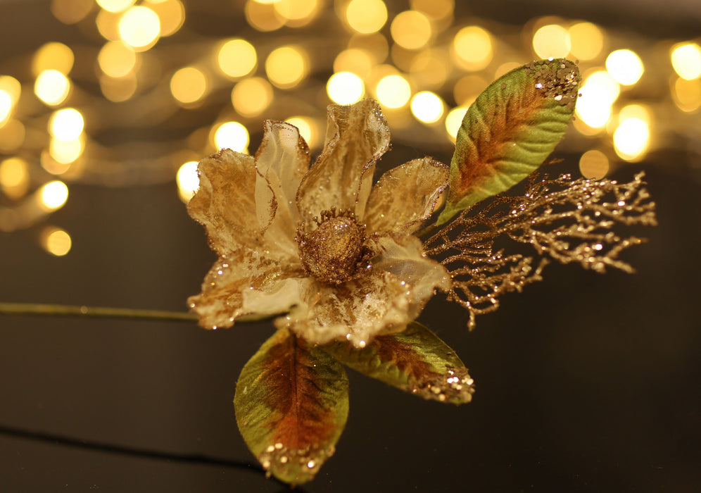 3pcs Christmas Artificial Magnolia Picks - Gold & Cream