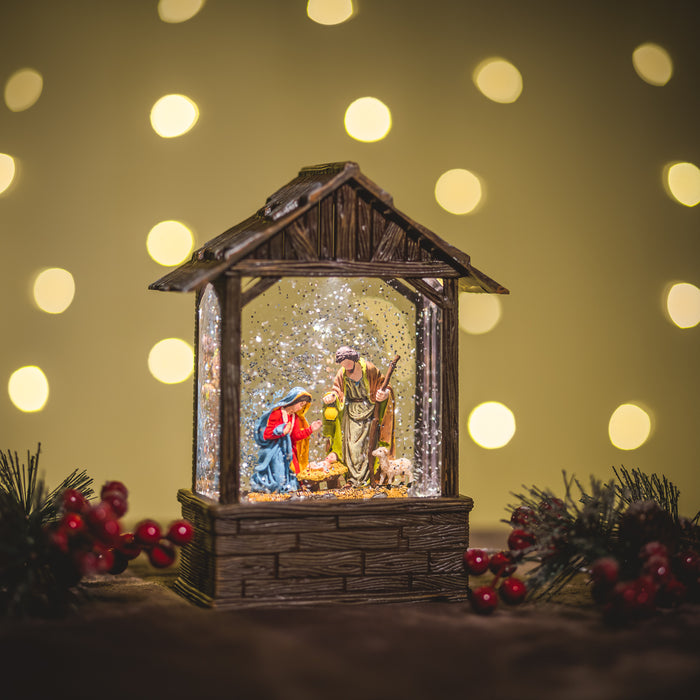 Snowing Nativity Stable Christmas Lantern
