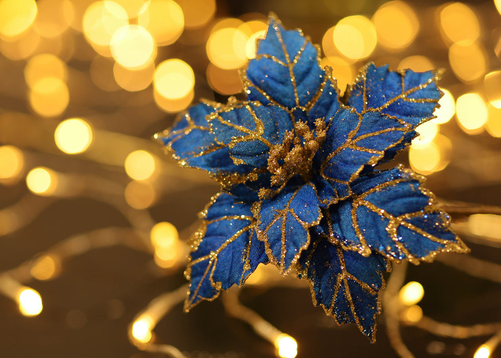 3pcs Blue Christmas Artificial Poinsettia Pick With Clip