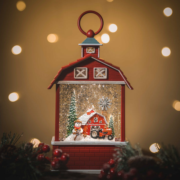 Snowing Barn Christmas Lantern - Snowman