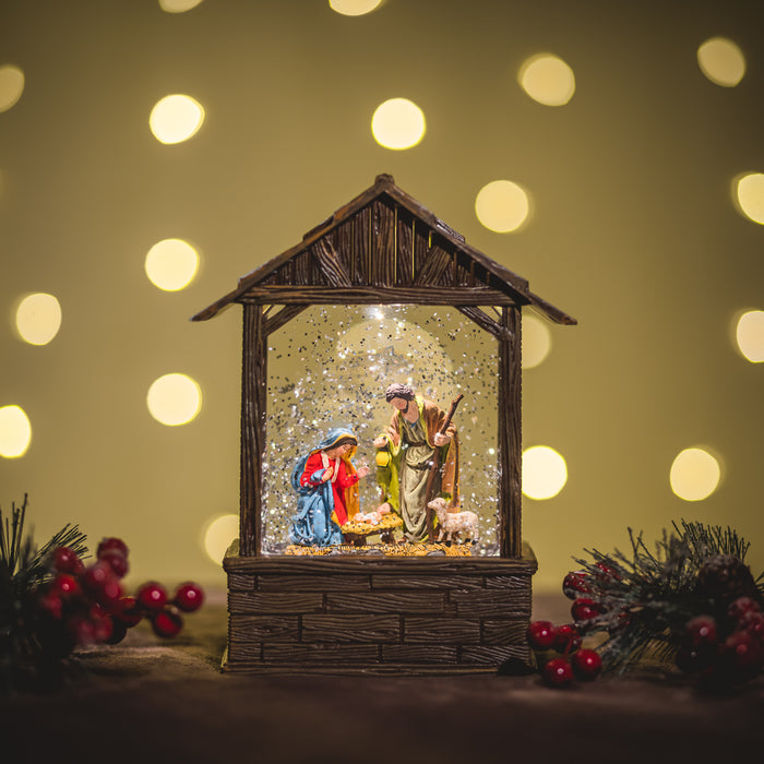 Snowing Nativity Stable Christmas Lantern